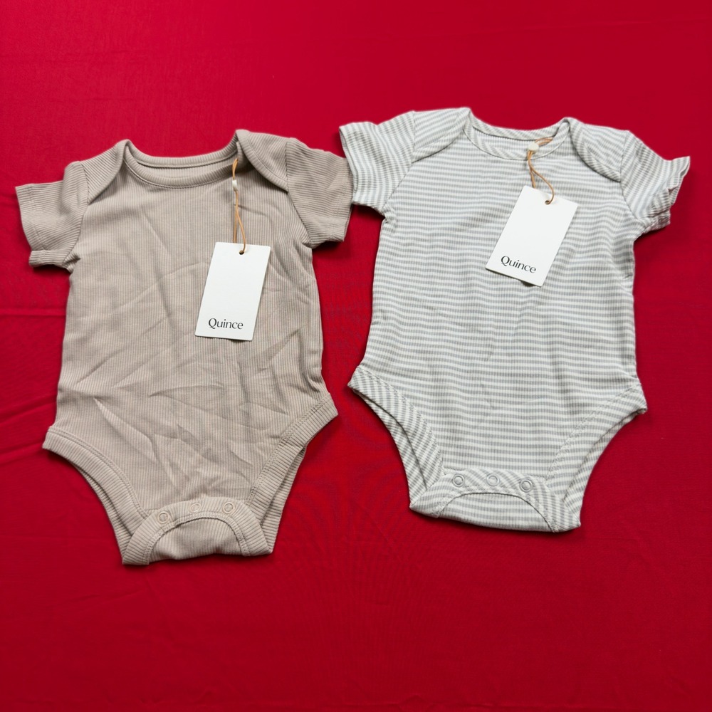 Quince Baby Bamboo Organic Cotton Ribbed Bodysuit 2 Pack Tan Grey Stripe 6-9 Mon
